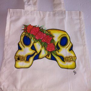 Handmade Tote Bag With Hand Painted Skulls and  Roses 14x13x7 Eco Friendly NWT